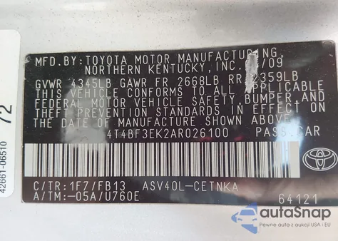 2010 Toyota Camry Le z USA, uszkodzony, nr VIN 4T4BF3EK2AR026100